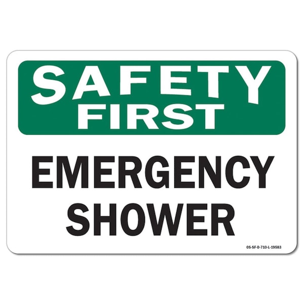Safety Sign, OSHA Safety First, 3.5" Height, Emergency Shower, Landscape, 10PK